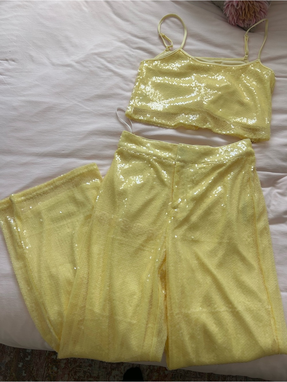 NWOT Yellow Sequin Two-Piece Top and Pants Set